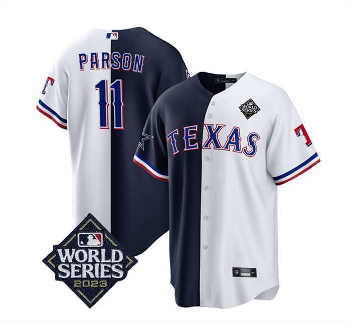 Men%27s Texas Rangers & Cowboys #11 Micah Parsons Navy White Splite 2023 World Series Splite Stitched Baseball Jersey Dzhi